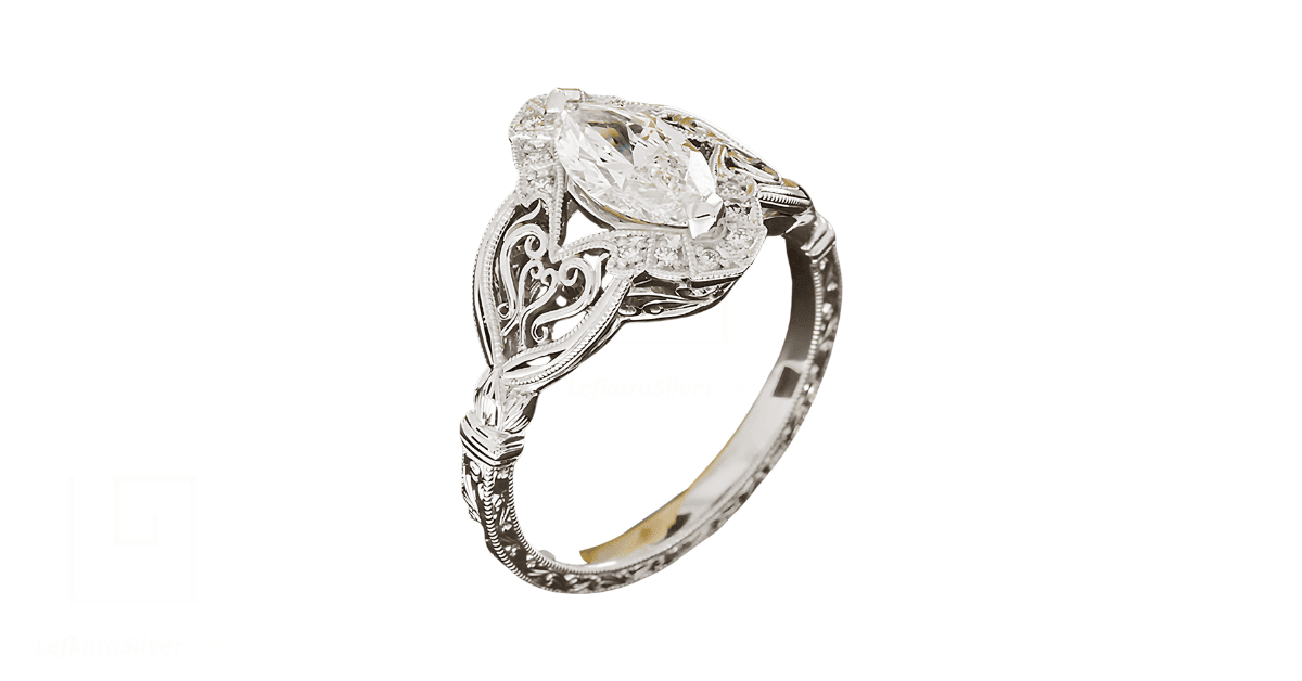 a Marquise silver filigree engagement ring.