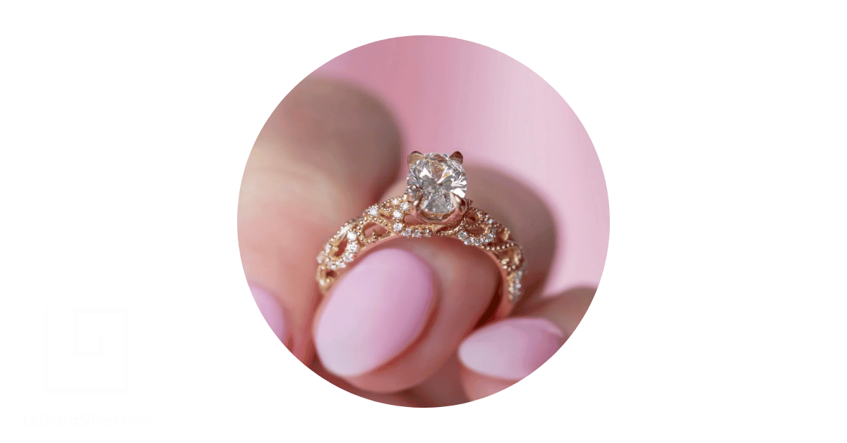 a person's hand holding a gold filigree engagement ring.