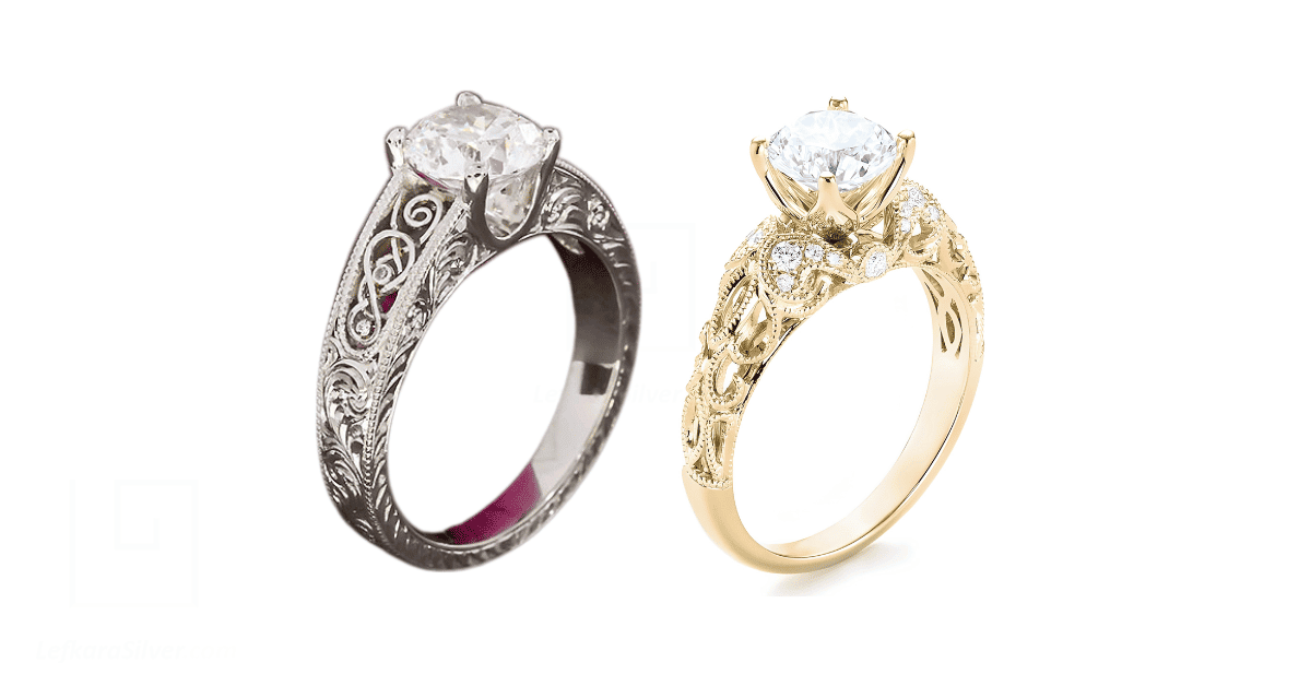 gold and silver filigree engagement rings.