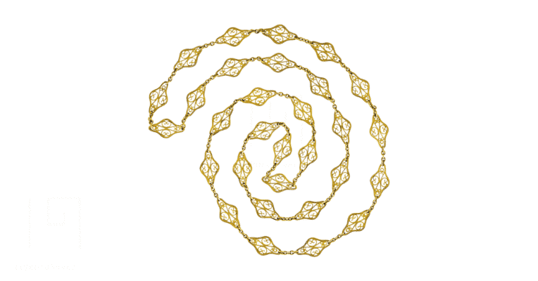 a gold filigree chain.