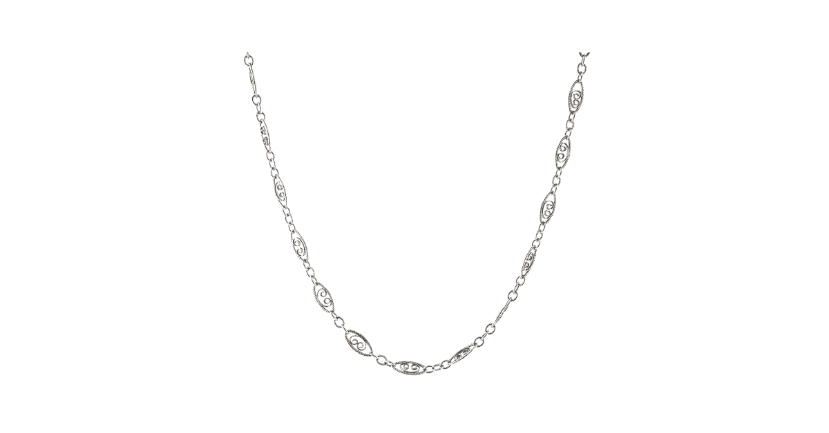 a silver filigree chain.