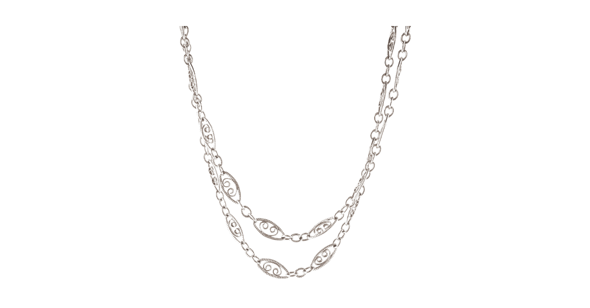 a layered silver filigree chain.