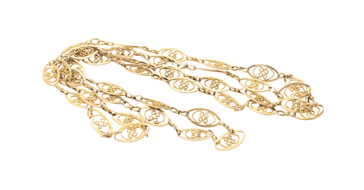 a gold filigree chain.