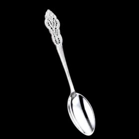 Handmade silver filigree christening teaspoon with an ornate scrolled openwork handle, by Lefkara Silver Cyprus.