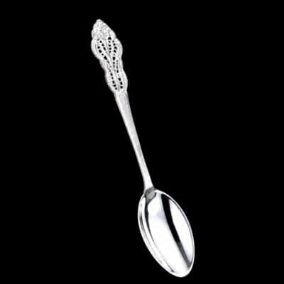 Handmade silver filigree christening teaspoon with an ornate scrolled openwork handle, by Lefkara Silver Cyprus.