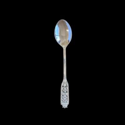 Handmade silver filigree coffee spoon with a flat pierced lace-panel handle, by Lefkara Silver Cyprus.
