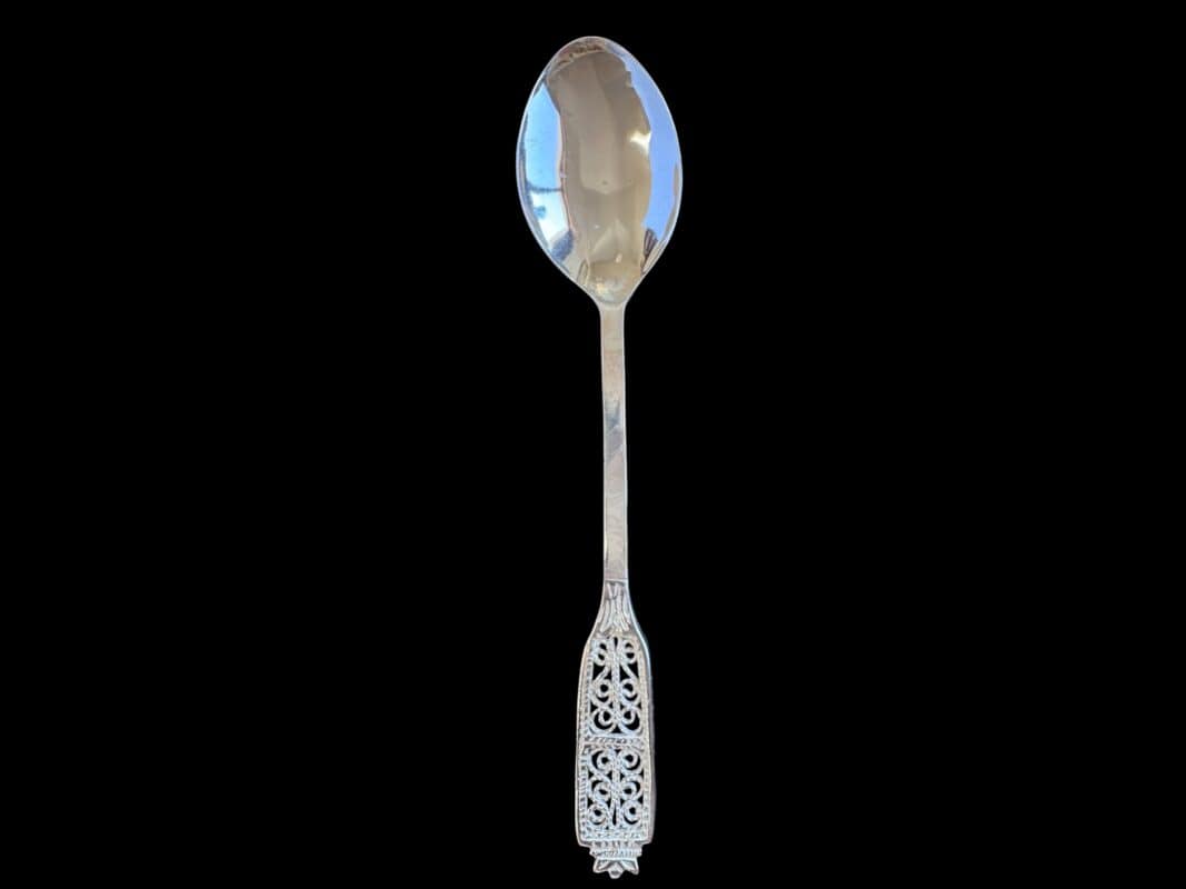 Handmade silver filigree coffee spoon with a flat pierced lace-panel handle, by Lefkara Silver Cyprus.