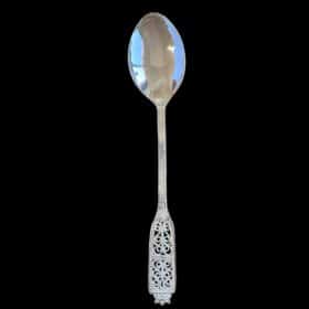 Handmade silver filigree coffee spoon with a flat pierced lace-panel handle, by Lefkara Silver Cyprus.