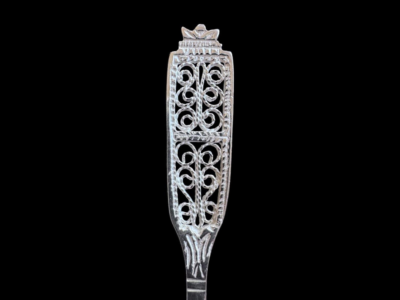 Handmade silver filigree coffee spoon with a flat pierced lace-panel handle, by Lefkara Silver Cyprus.