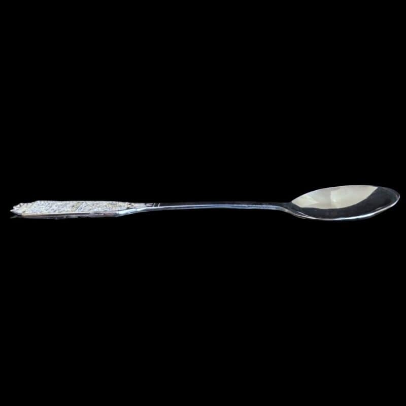 Handmade silver filigree coffee spoon with a flat pierced lace-panel handle, by Lefkara Silver Cyprus.
