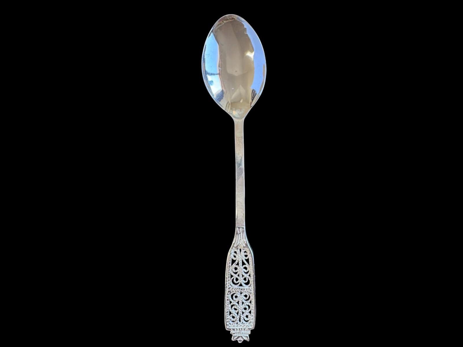 Handmade silver filigree coffee spoon with a flat pierced lace-panel handle, by Lefkara Silver Cyprus.