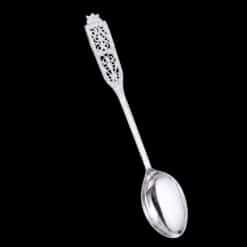 Handmade silver filigree coffee spoon with a flat pierced lace-panel handle, by Lefkara Silver Cyprus.