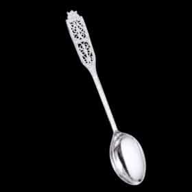 Handmade silver filigree coffee spoon with a flat pierced lace-panel handle, by Lefkara Silver Cyprus.