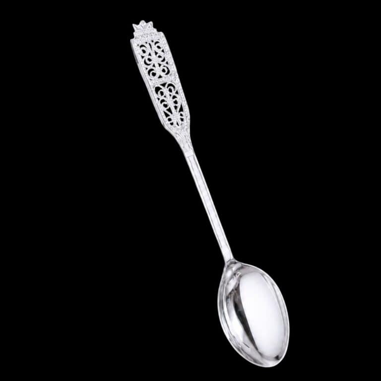 Handmade silver filigree coffee spoon with a flat pierced lace-panel handle, by Lefkara Silver Cyprus.
