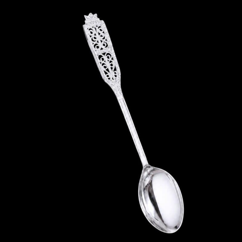 Handmade silver filigree coffee spoon with a flat pierced lace-panel handle, by Lefkara Silver Cyprus.
