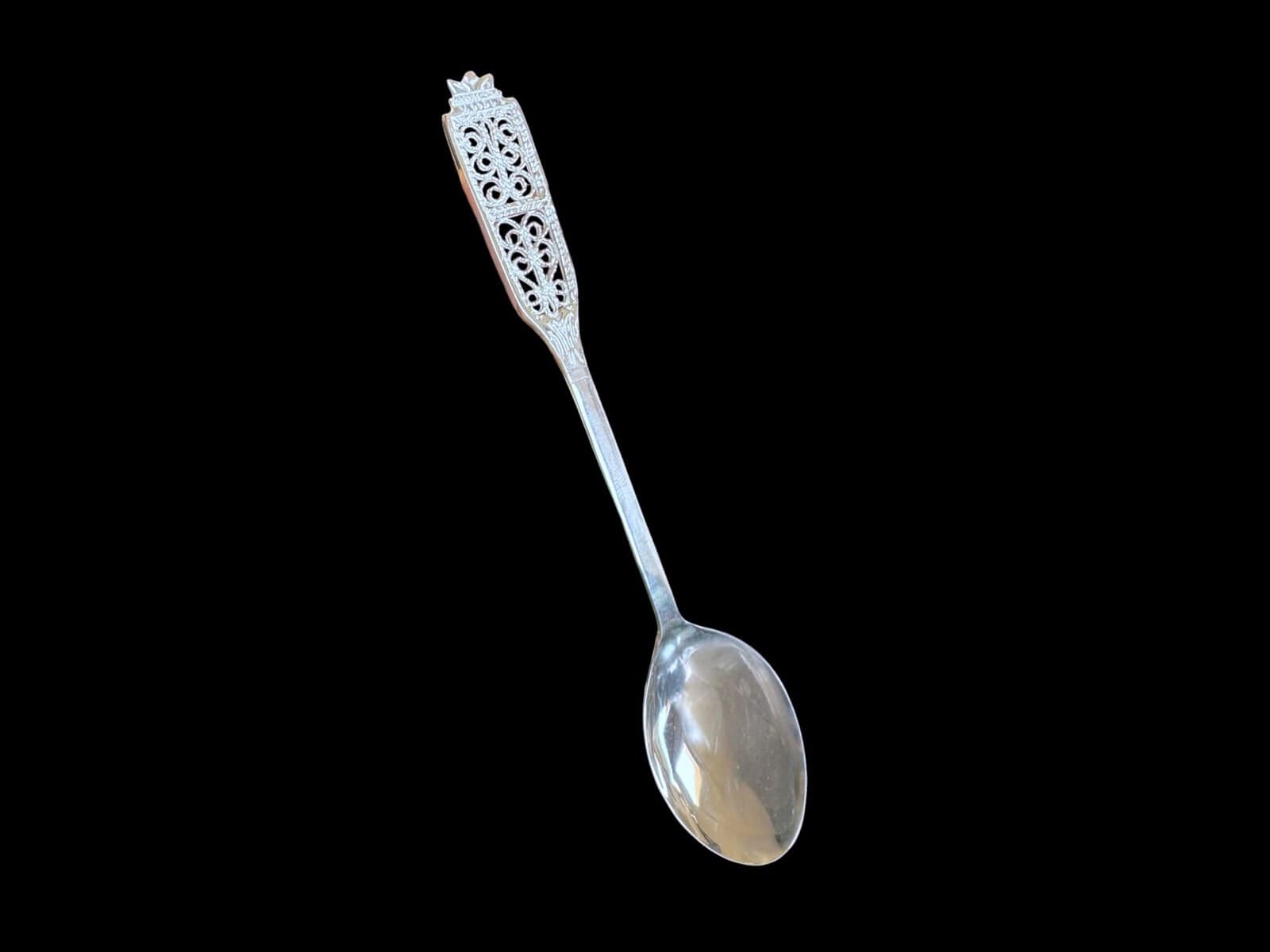 Handmade silver filigree coffee spoon with a flat pierced lace-panel handle, by Lefkara Silver Cyprus.