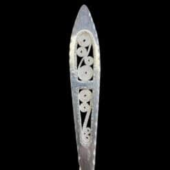 Long handmade silver filigree spoon with a slender lance-shaped openwork handle, by Lefkara Silver Cyprus.