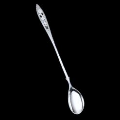 Long handmade silver filigree spoon with a slender lance-shaped openwork handle, by Lefkara Silver Cyprus.