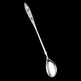 Long handmade silver filigree spoon with a slender lance-shaped openwork handle, by Lefkara Silver Cyprus.