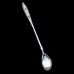 Long handmade silver filigree spoon with a slender lance-shaped openwork handle, by Lefkara Silver Cyprus.