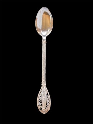 Handmade silver filigree spoon with a twisted stem and teardrop openwork handle, by Lefkara Silver Cyprus.