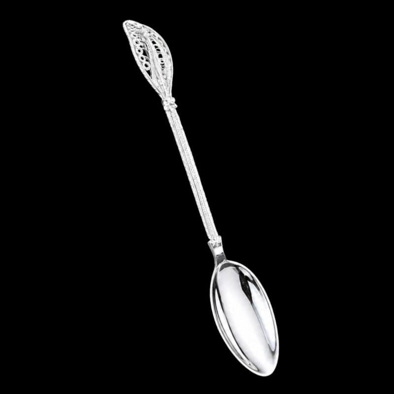 Handmade silver filigree spoon with a twisted stem and teardrop openwork handle, by Lefkara Silver Cyprus.