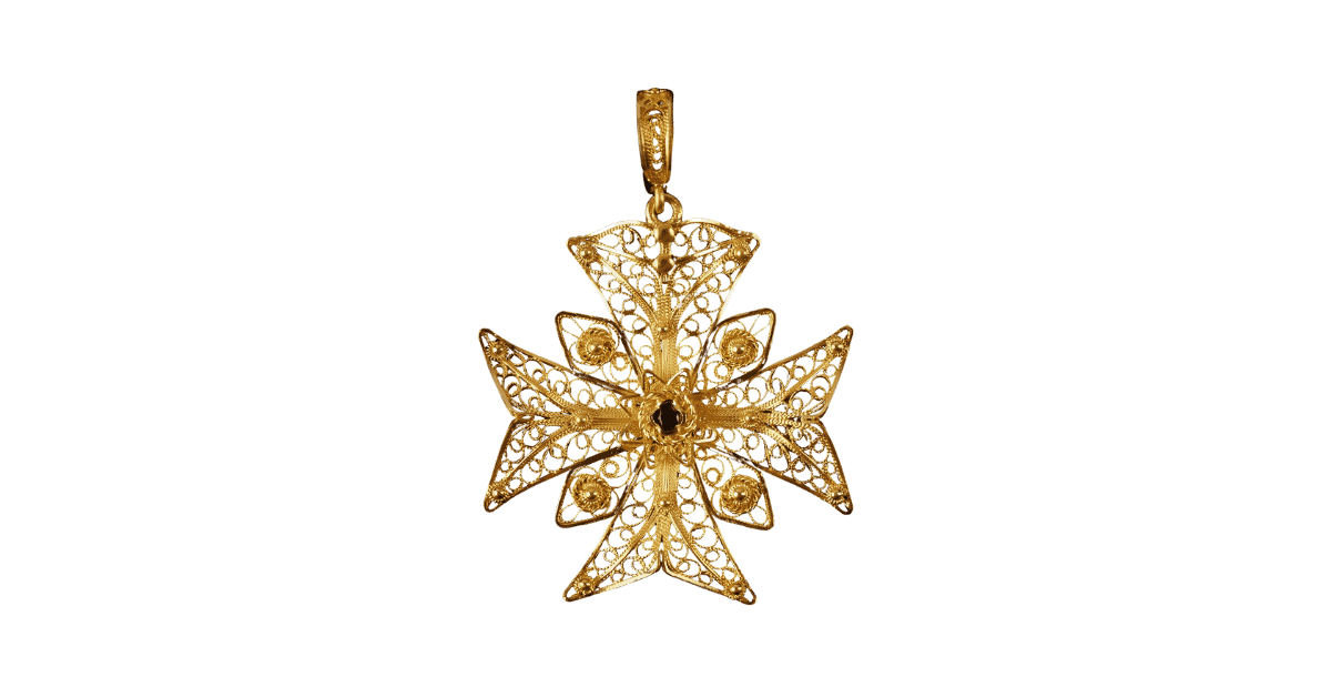 A gold Maltese filigree cross pendant.