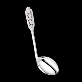 Handmade silver baby feeding spoon with an elongated bowl and lacelike filigree handle, by Lefkara Silver Cyprus.