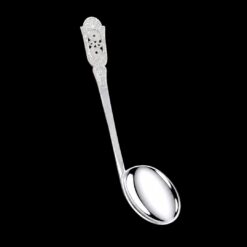 Handmade silver baby feeding spoon with an engraved pierced medallion handle, by Lefkara Silver Cyprus.