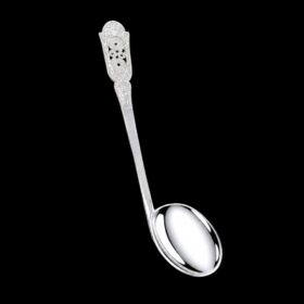 Handmade silver baby feeding spoon with an engraved pierced medallion handle, by Lefkara Silver Cyprus.
