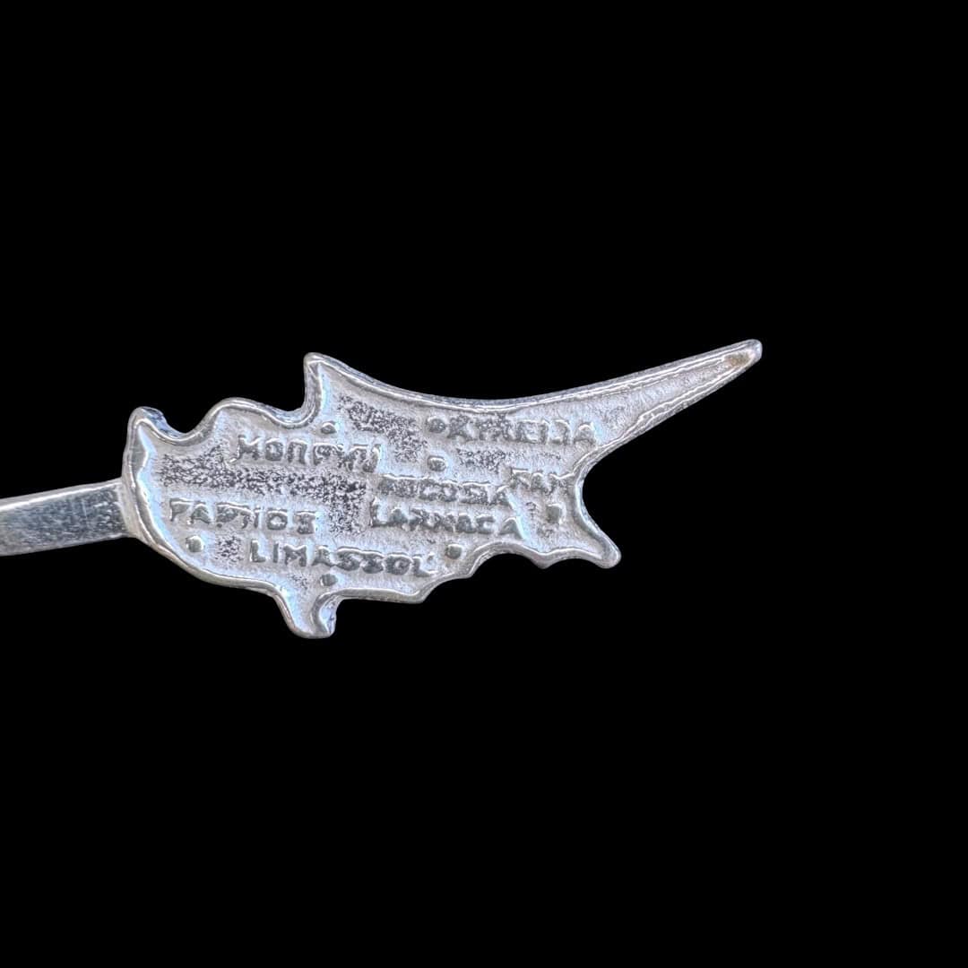 Handmade silver coffee spoon with a Cyprus island map handle from the national flag, by Lefkara Silver.