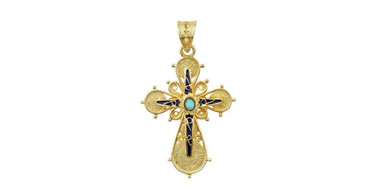 A gold Greek filigree orthodox cross pendant