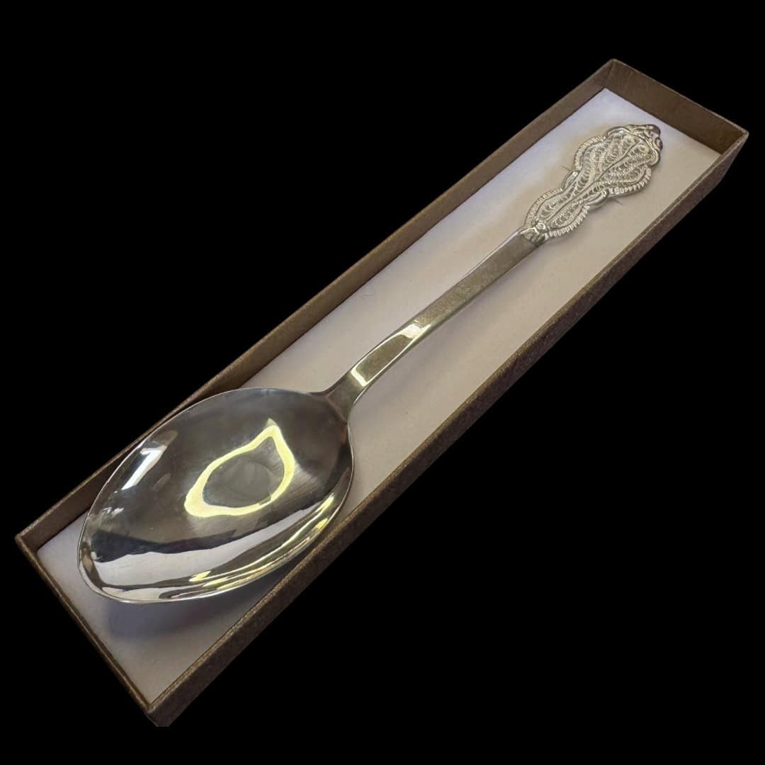 Large handmade silver filigree serving spoon with a grand scrolled openwork handle, by Lefkara Silver Cyprus.
