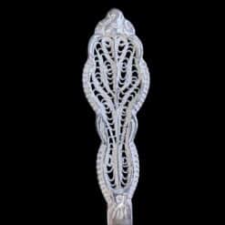 Large handmade silver filigree serving spoon with a grand scrolled openwork handle, by Lefkara Silver Cyprus.
