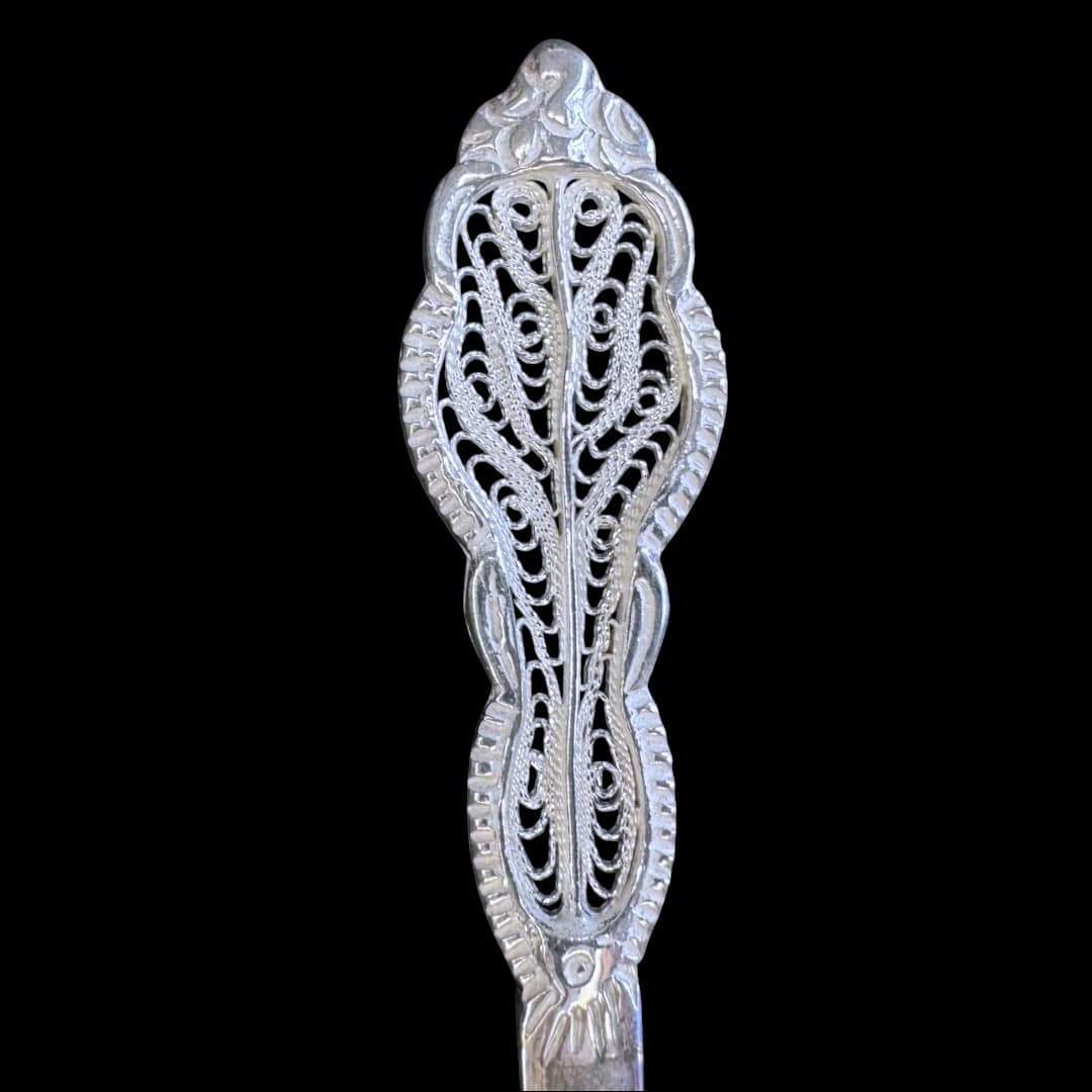 Large handmade silver filigree serving spoon with a grand scrolled openwork handle, by Lefkara Silver Cyprus.