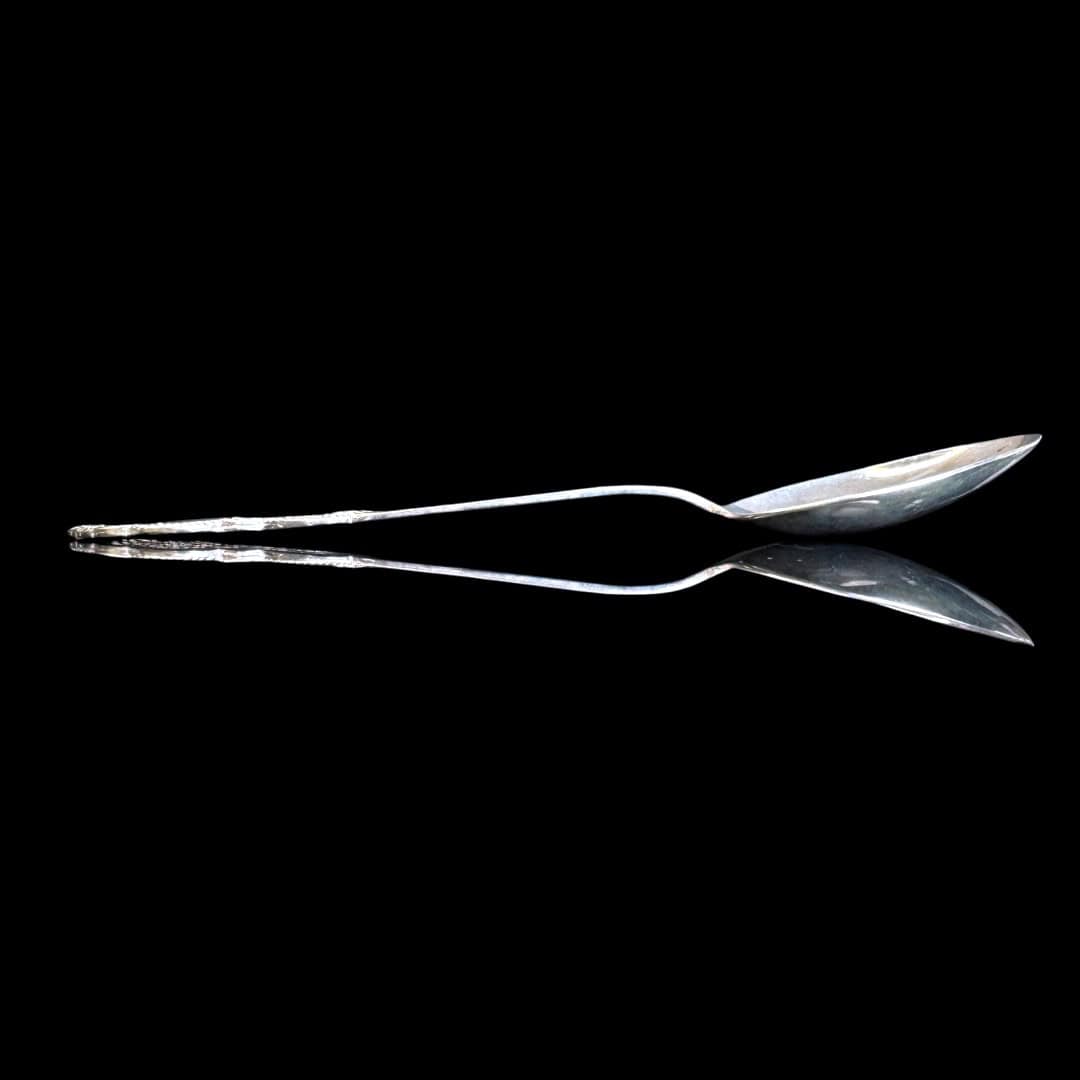 Large handmade silver filigree serving spoon with a grand scrolled openwork handle, by Lefkara Silver Cyprus.