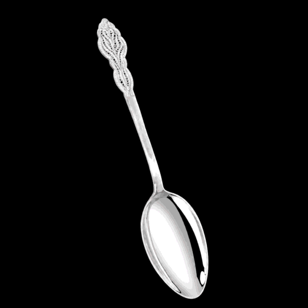 Large handmade silver filigree serving spoon with a grand scrolled openwork handle, by Lefkara Silver Cyprus.