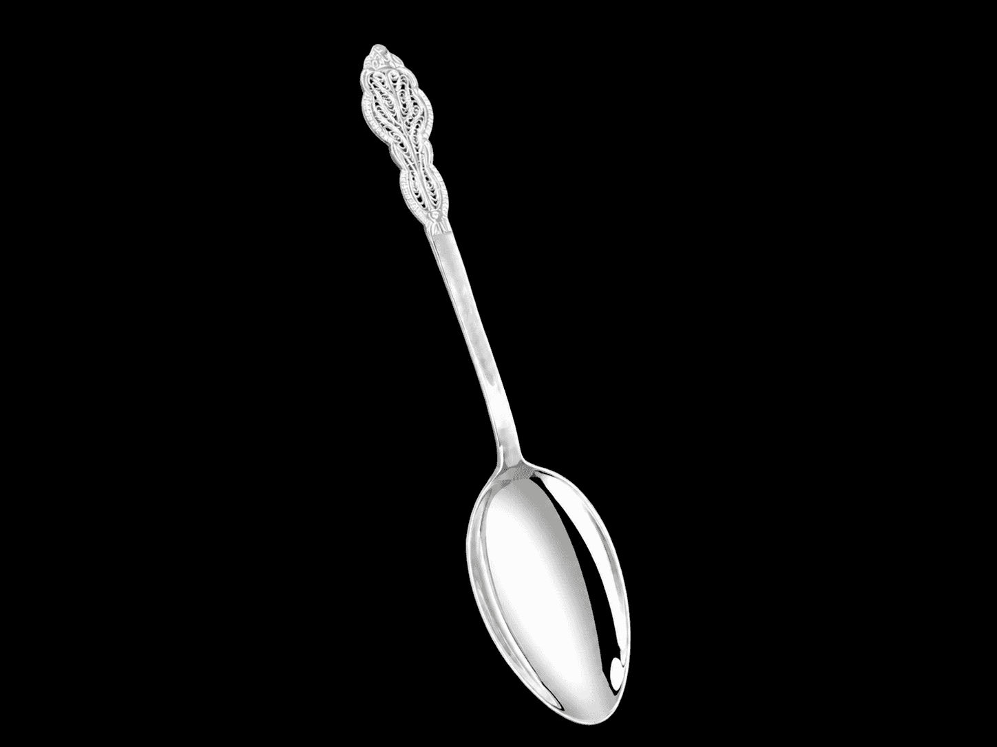 Large handmade silver filigree serving spoon with a grand scrolled openwork handle, by Lefkara Silver Cyprus.