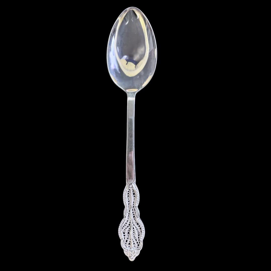 Large handmade silver filigree serving spoon with a grand scrolled openwork handle, by Lefkara Silver Cyprus.