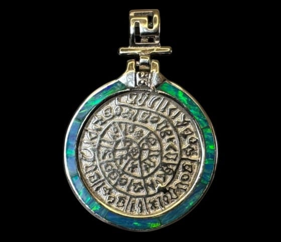 Blue opal pendant Phaistos Disk Halo, sterling silver